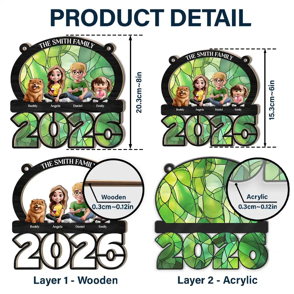 Family,Pet Lovers,Pet Mom,Pet Dad,Pet Couple,Dog Lovers,Dog Couple,Dog Mom,Dog Dad,Cat Lovers,Cat Mom,Cat Dad,Cat Couple,Happy,Single Mom,Single Dad,LGBT,Gift For Grandpa,Gift For Grandma,Gift For Grandkids - 3D Effect Family Sitting Together - Personalized Window Hanging Suncatcher Ornament