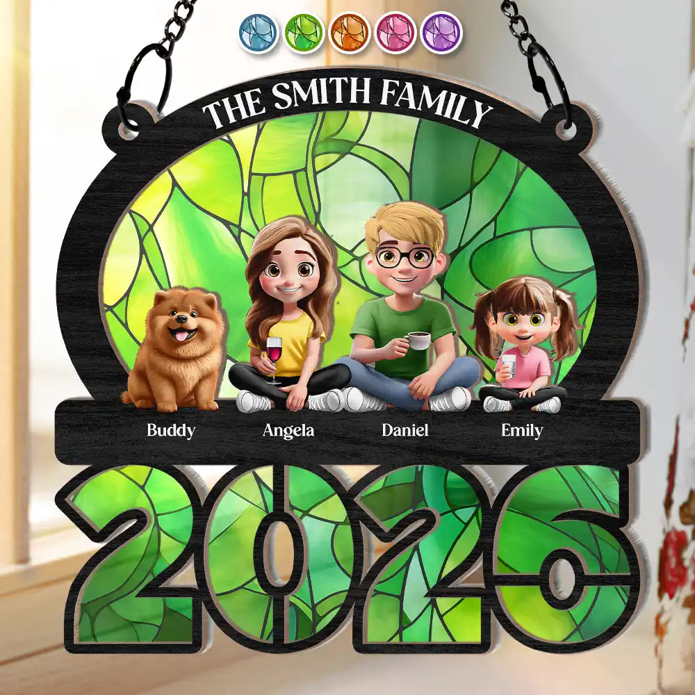 3D Effect Family Sitting Together - Personalized Window Hanging Suncatcher Ornament