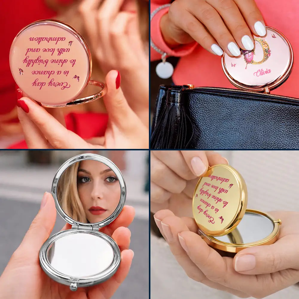 Gift For Women, Gift For Yourself, Gift For Bestie, Happy - 3D Effect Flower & Butterfly Monogram Shine With Love and Admiration - Personalized Compact Mirror