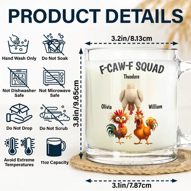 Funny, Gift For Yourself, Gift For Women, Gift For Men, Farm, Gifts For Colleagues, Gift For Bestie - 3D Effect Funny Chickens F-CAW-F Squad - Personalized Glass Mug