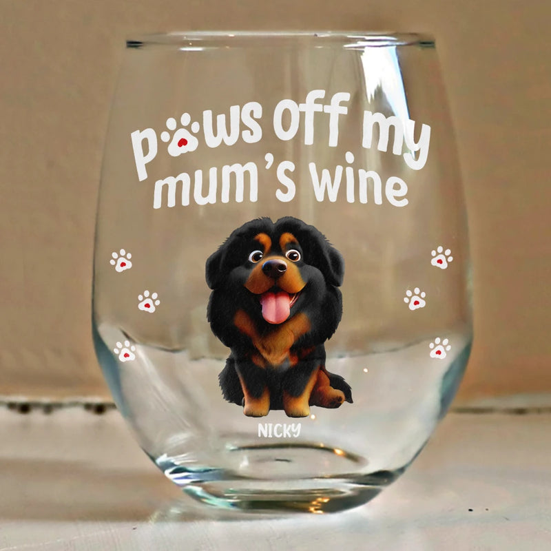 Pet Mom,Pet Dad,Dog Mom,Dog Dad,Cat Mom,Cat Dad,Funny - 3D Effect Funny Dog Cat Paws Off My Mom's Wine - Personalized Stemless Wine Glass