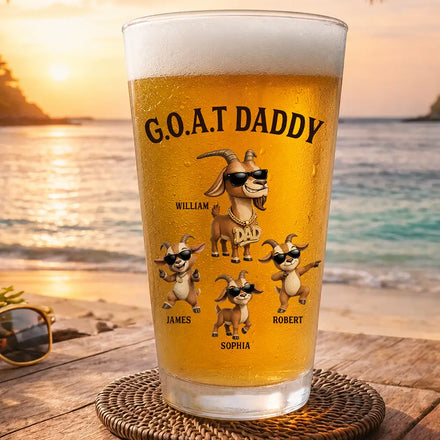 3D Effect Goat Dad And Kids - Personalized Beer Glass