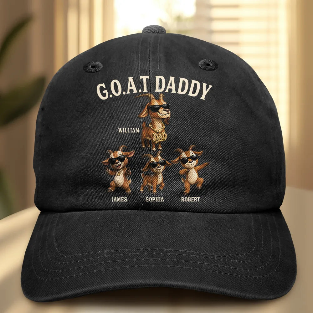 Gift For Father,Humorous,Icon - 3D Effect Goat Dad And Kids - Personalized Vintage Washed Denim Cap