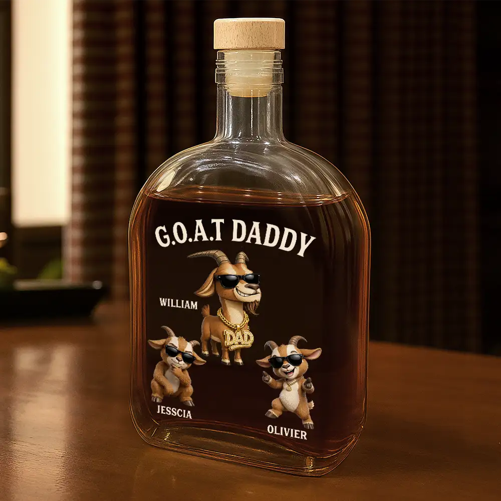 Gift For Father,Humorous,Icon - 3D Effect Goat Dad And Kids - Personalized Whiskey Bottle