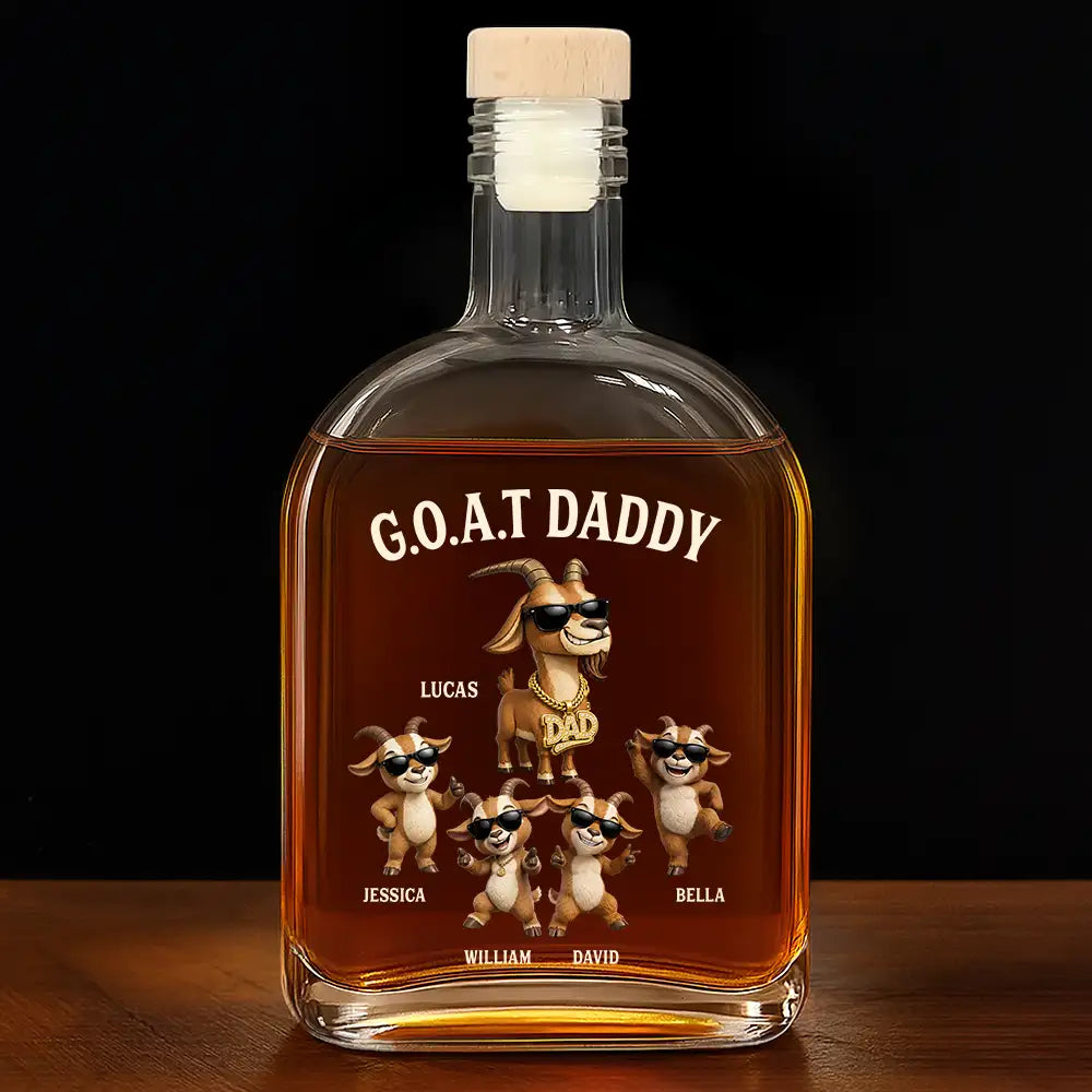 Gift For Father,Humorous,Icon - 3D Effect Goat Dad And Kids - Personalized Whiskey Bottle