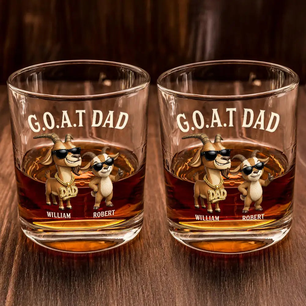 Gift For Father,Humorous,Icon - 3D Effect Goat Dad And Kids - Personalized Whiskey Glass
