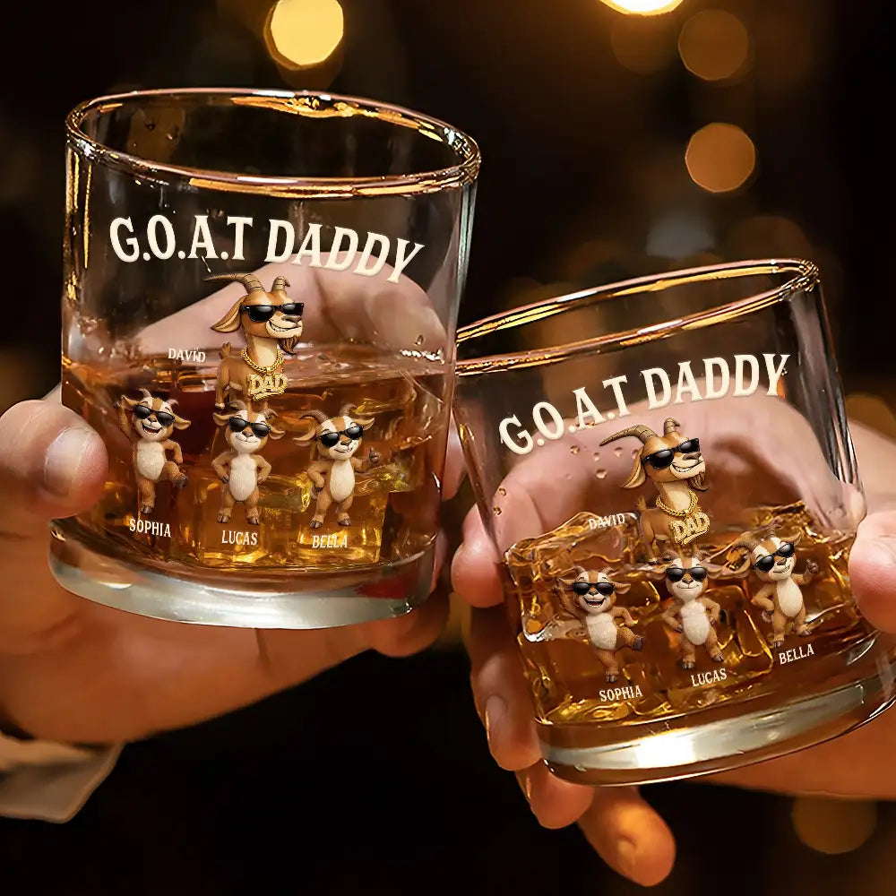 Gift For Father,Humorous,Icon - 3D Effect Goat Dad And Kids - Personalized Whiskey Glass