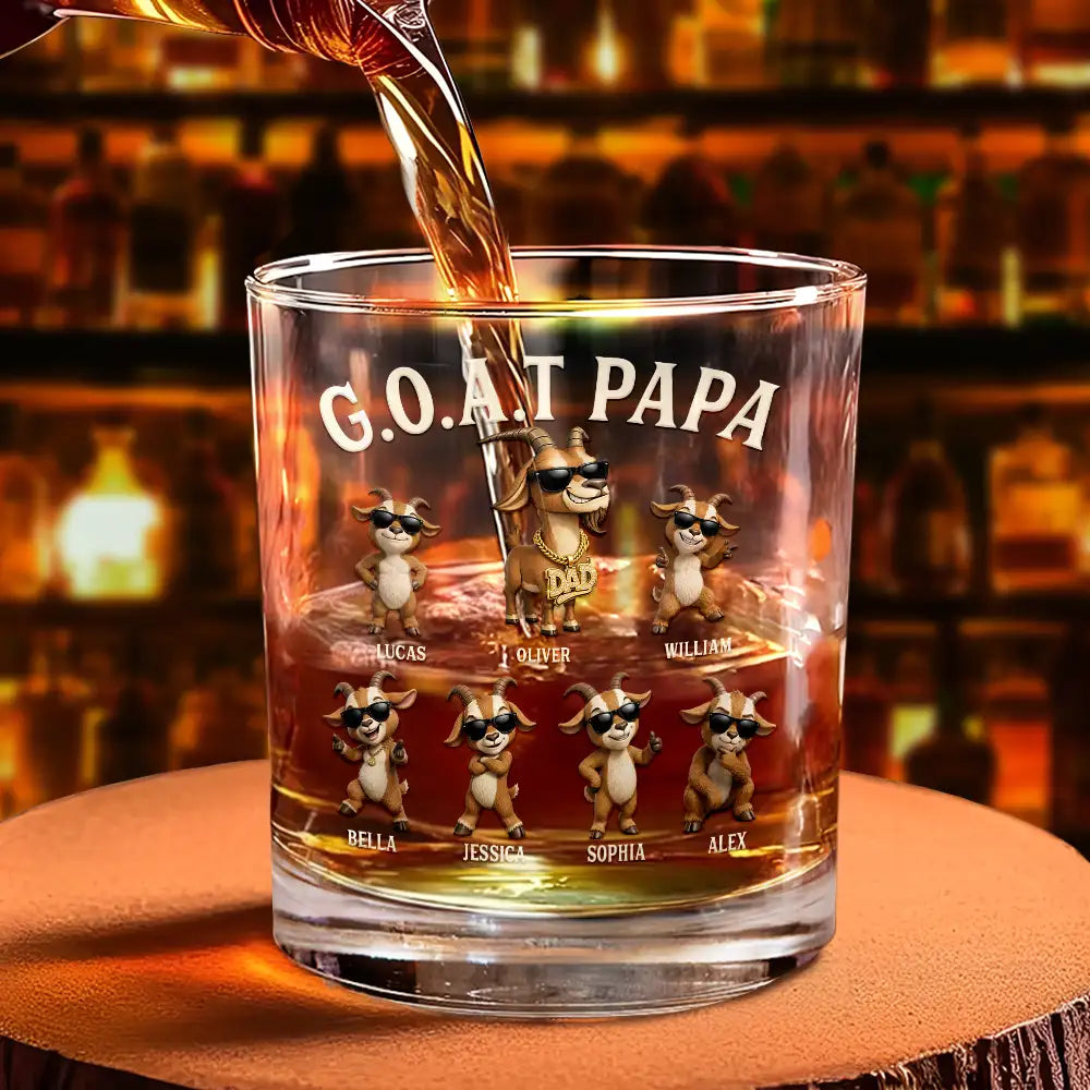 Gift For Father,Humorous,Icon - 3D Effect Goat Dad And Kids - Personalized Whiskey Glass