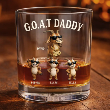 3D Effect Goat Dad And Kids - Personalized Whiskey Glass