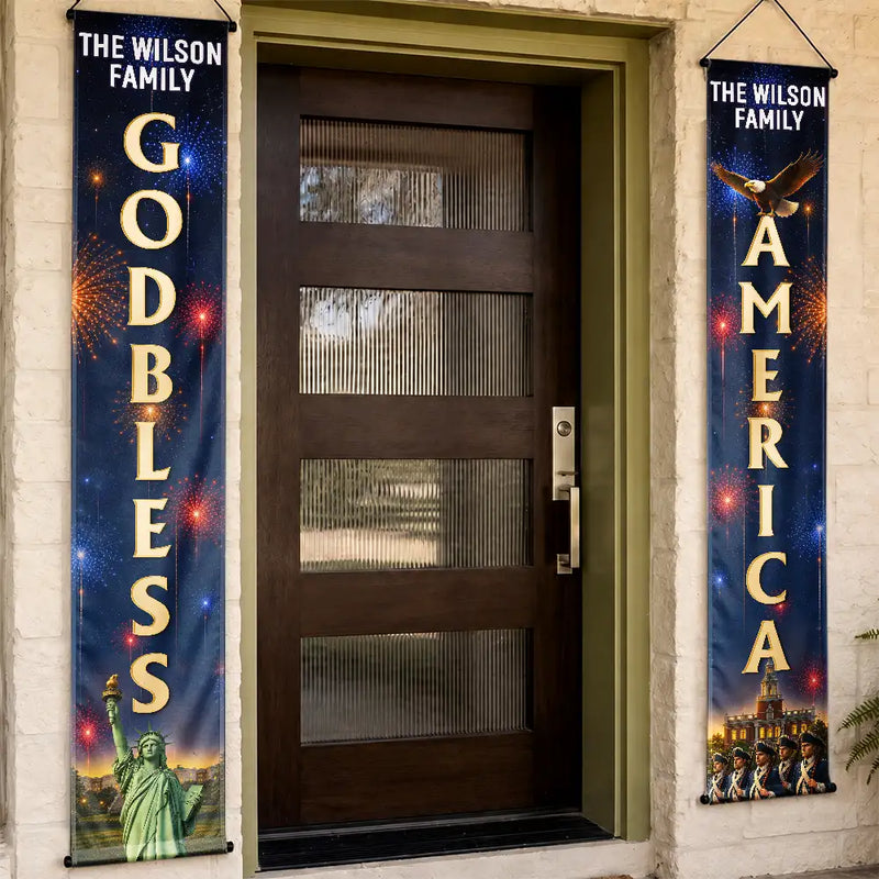America 250th,Independence Day,Family,Proud,Custom Text - 3D Effect God Bless America - Personalized Porch Banners