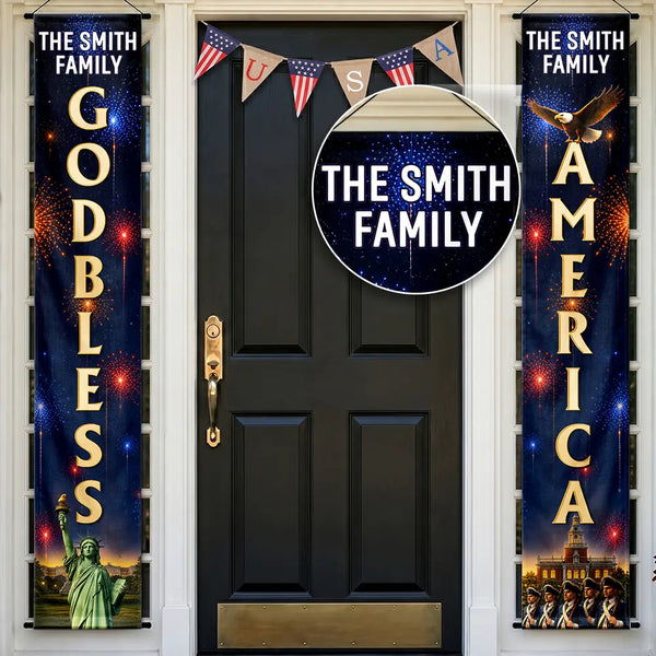 America 250th,Independence Day,Family,Proud,Custom Text - 3D Effect God Bless America - Personalized Porch Banners