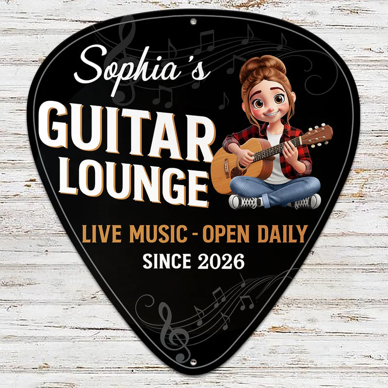 Gift For Women, Gift For Men, Gift For Yourself, Happy, Guitar - 3D Effect Guitar Player Music Lounge - Personalized Custom Shaped Metal Sign