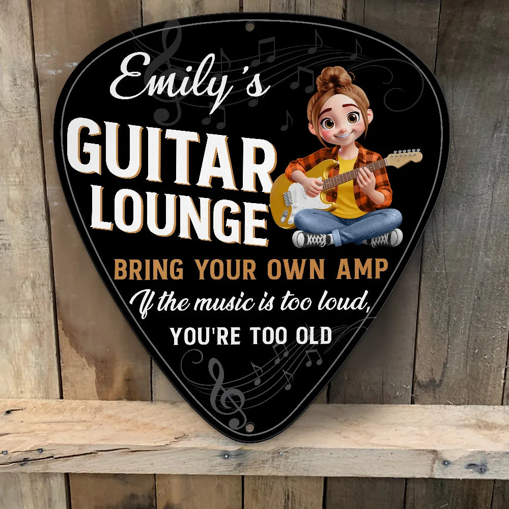Gift For Women, Gift For Men, Gift For Yourself, Happy, Guitar - 3D Effect Guitar Player Music Lounge - Personalized Custom Shaped Metal Sign