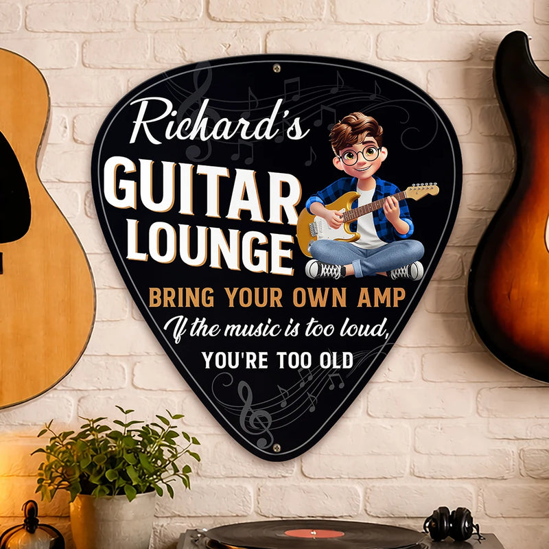 Gift For Women, Gift For Men, Gift For Yourself, Happy, Guitar - 3D Effect Guitar Player Music Lounge - Personalized Custom Shaped Metal Sign