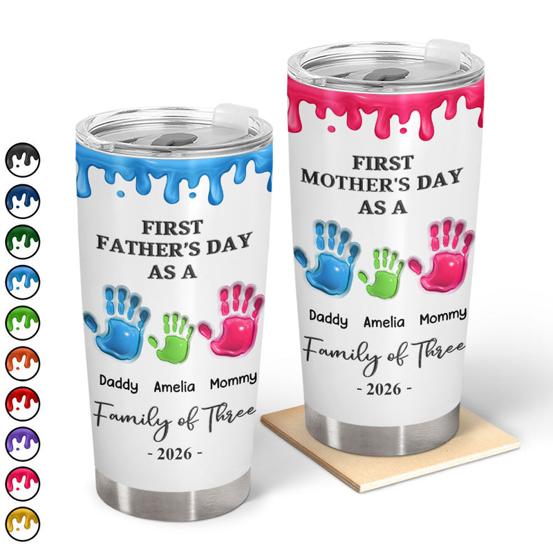 Family, New Dad, New Mom, New baby, Happy - 3D Effect Handprints Family - Personalized Tumbler