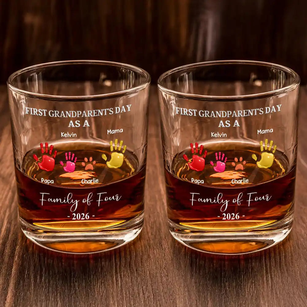 Family,New Dad,New Mom,New baby,Happy - 3D Effect Handprints Family - Personalized Whiskey Glass