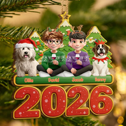 Christmas, Cozy, Family, Vector - 3D Effect Happy Family With Dogs & Cats - Personalized Custom Shaped Wooden Ornament