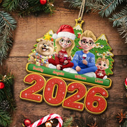 Christmas, Cozy, Family, Vector - 3D Effect Happy Family With Dogs & Cats - Personalized Custom Shaped Wooden Ornament
