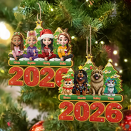 Christmas, Cozy, Family, Vector - 3D Effect Happy Family With Dogs & Cats - Personalized Custom Shaped Wooden Ornament