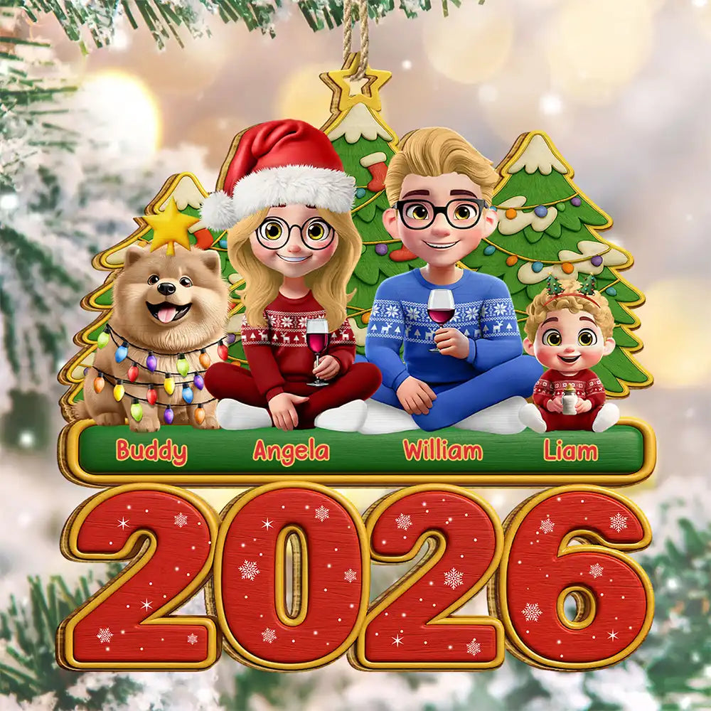Christmas, Cozy, Family, Vector - 3D Effect Happy Family With Dogs & Cats - Personalized Custom Shaped Wooden Ornament