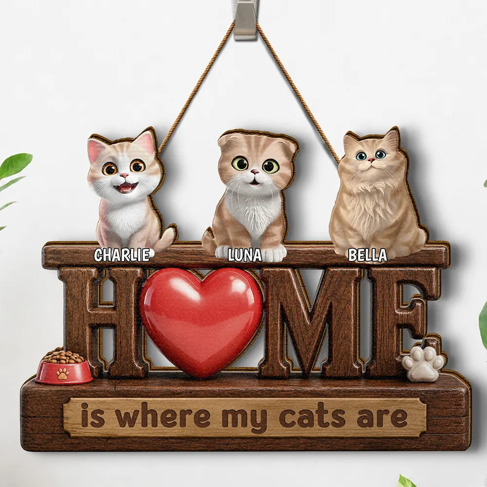Top Market,Adorable,Pet Lovers,Vector - 3D Effect Home Is Where My Dogs Cats Are - Personalized Custom Shaped Wood Sign