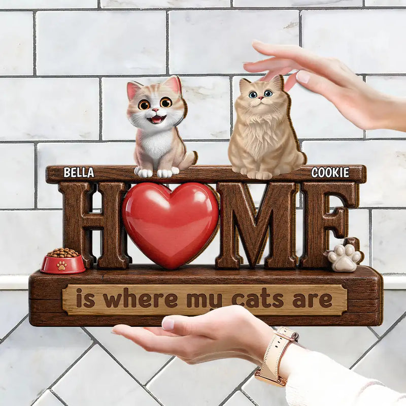 Top Market,Adorable,Pet Lovers,Vector - 3D Effect Home Is Where My Dogs Cats Are - Personalized Custom Shaped Wood Sign