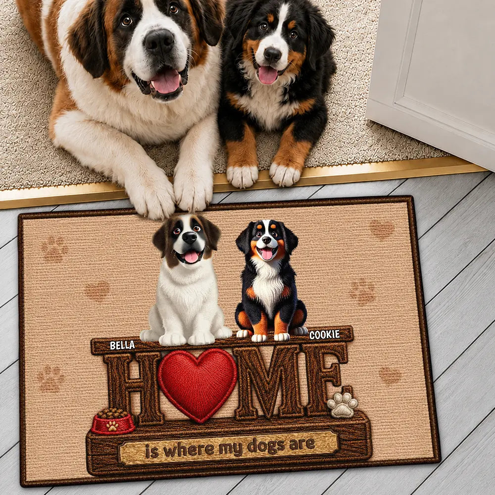 3D Effect Home Is Where My Dogs Cats Are Faux Embroidery Effect - Personalized Doormat
