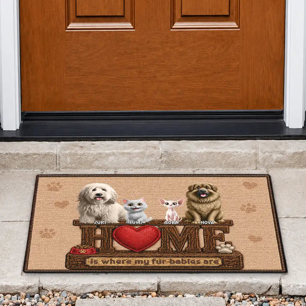 Adorable,Indoor Decor,Pet Lovers,Vector - 3D Effect Home Is Where My Dogs Cats Are Faux Embroidery Effect - Personalized Doormat