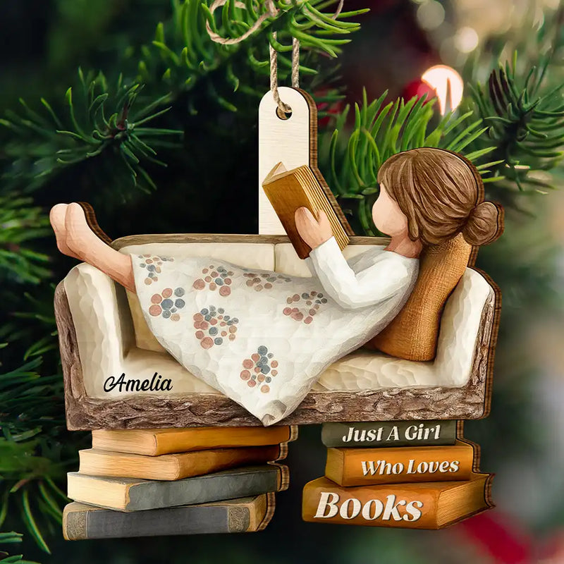 Gift For Yourself,Gift For Women,Gift For Men,Reading,Christmas,Happy - 3D Effect Just A Girl Who Loves Books - Personalized Custom Shaped Wooden Ornament