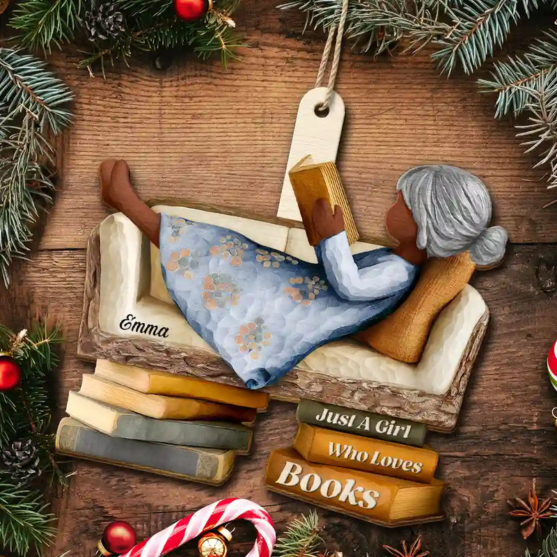 Gift For Yourself,Gift For Women,Gift For Men,Reading,Christmas,Happy - 3D Effect Just A Girl Who Loves Books - Personalized Custom Shaped Wooden Ornament