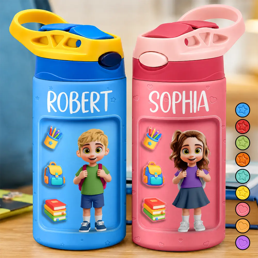 3D Effect Kids Ready For School - Personalized Insulated Water Bottle With Straw