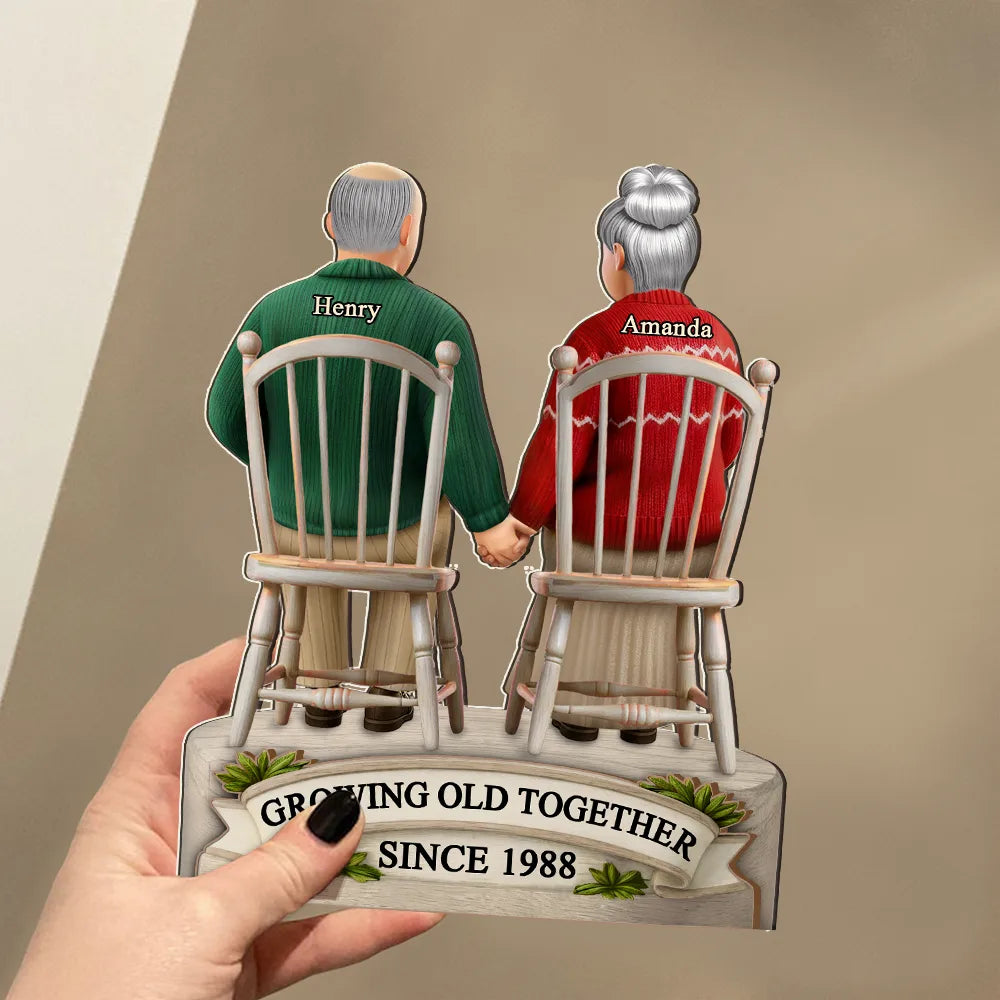 Old Couples,Gift For Women,Gift For Men,Gift For Husband,Gift For Wife,Love,Top Market - 3D Effect Old Couple Growing Old Together - Personalized Custom Shaped 2-Layered Wooden Plaque