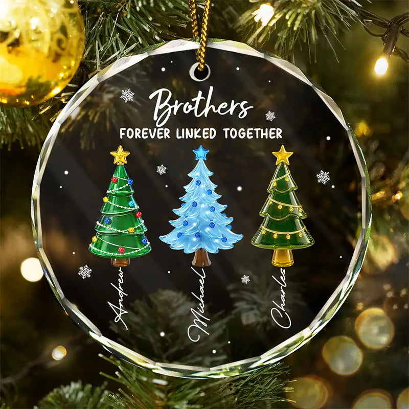 Top Market,Christmas,Gift For Sibling,Cozy,Icon - 3D Effect Pine Trees Brothers & Sisters Forever Linked Together - Personalized Circle Glass Ornament