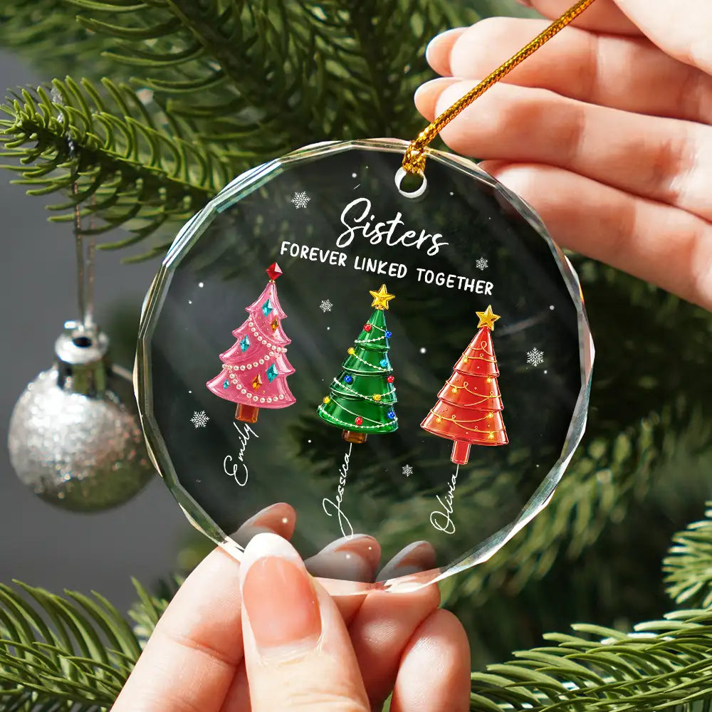 Top Market,Christmas,Gift For Sibling,Cozy,Icon - 3D Effect Pine Trees Brothers & Sisters Forever Linked Together - Personalized Circle Glass Ornament