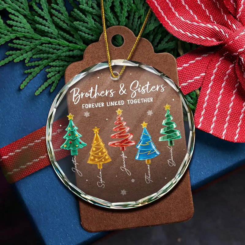 Top Market,Christmas,Gift For Sibling,Cozy,Icon - 3D Effect Pine Trees Brothers & Sisters Forever Linked Together - Personalized Circle Glass Ornament