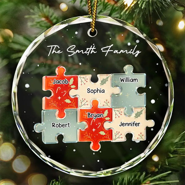 Happy, Family, Christmas - 3D Effect Puzzle Family - Personalized Circle Glass Ornament