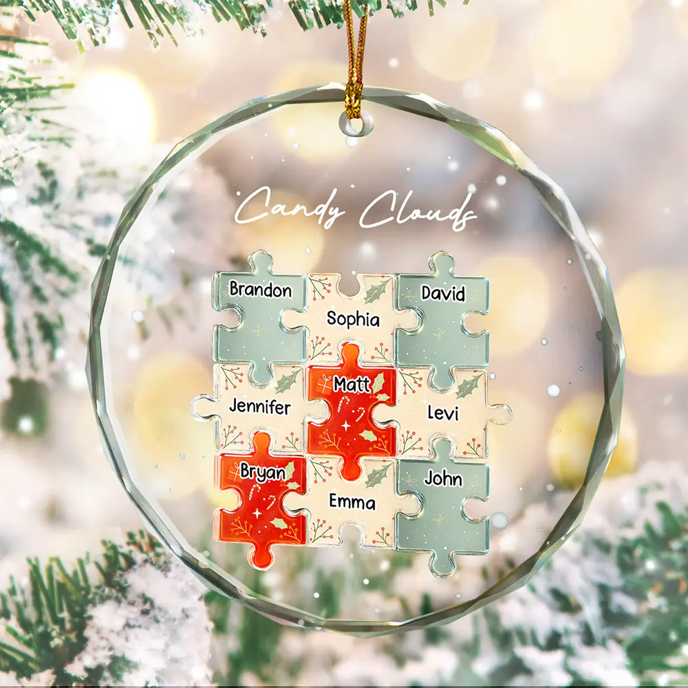 Happy, Family, Christmas - 3D Effect Puzzle Family - Personalized Circle Glass Ornament