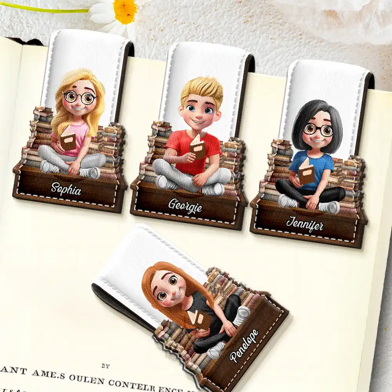 Gift For Yourself, Reading - 3D Effect Reading Girl Boy - Personalized Custom Shaped Leather Magnetic Bookmark