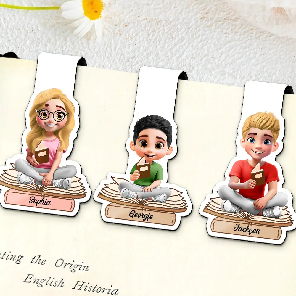 3D Effect Reading Woman Man Kid Family - Personalized Custom Shaped Magnetic Bookmark Clip