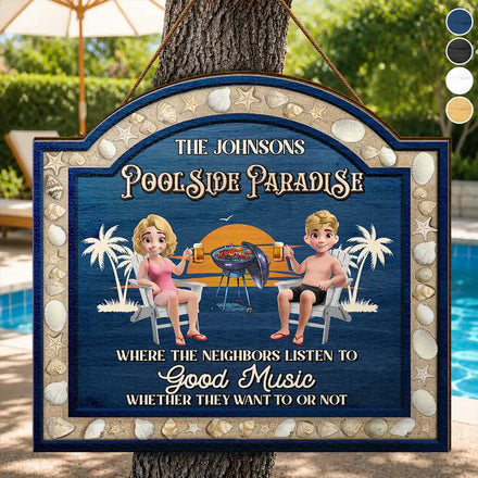 3D Effect Sea Shells Frame Poolside Paradise - Personalized Custom Shaped Wood Sign