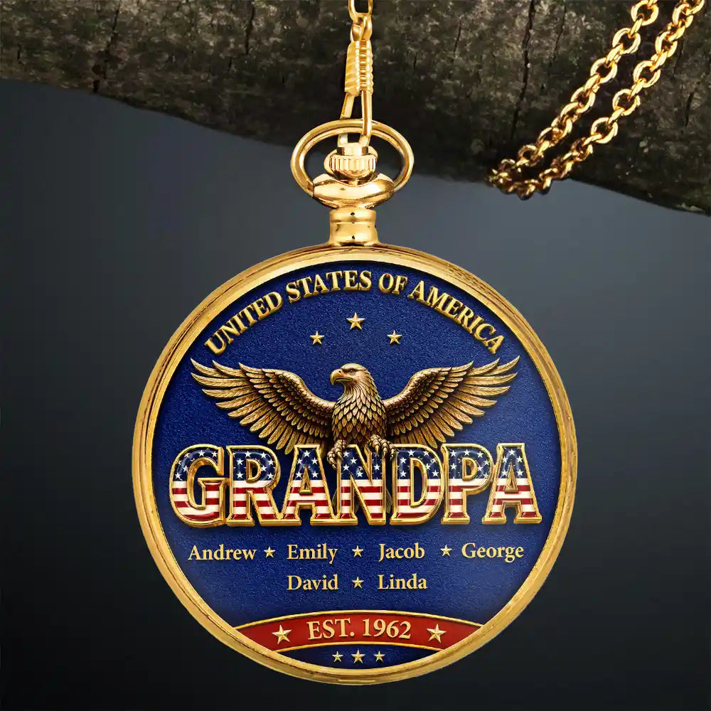 Gift For Father,Gift For Grandpa,Gift For Men,Independence Day,Happy - 3D Effect Stars & Stripes Dad Grandpa And Kids Names - Personalized Pocket Watch
