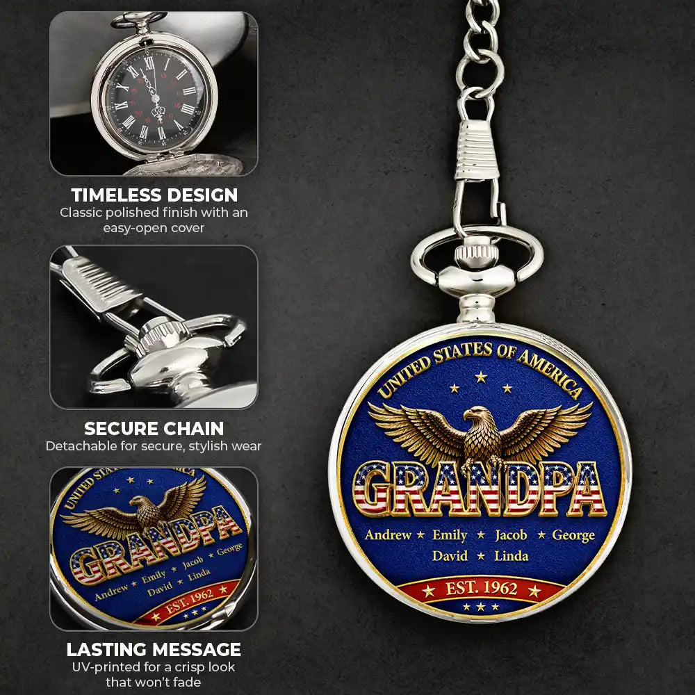 Gift For Father,Gift For Grandpa,Gift For Men,Independence Day,Happy - 3D Effect Stars & Stripes Dad Grandpa And Kids Names - Personalized Pocket Watch