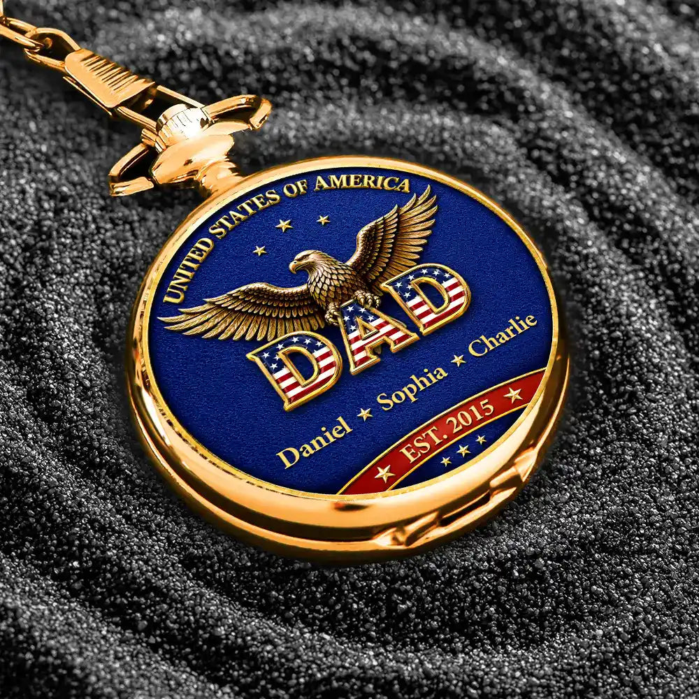 Gift For Father,Gift For Grandpa,Gift For Men,Independence Day,Happy - 3D Effect Stars & Stripes Dad Grandpa And Kids Names - Personalized Pocket Watch