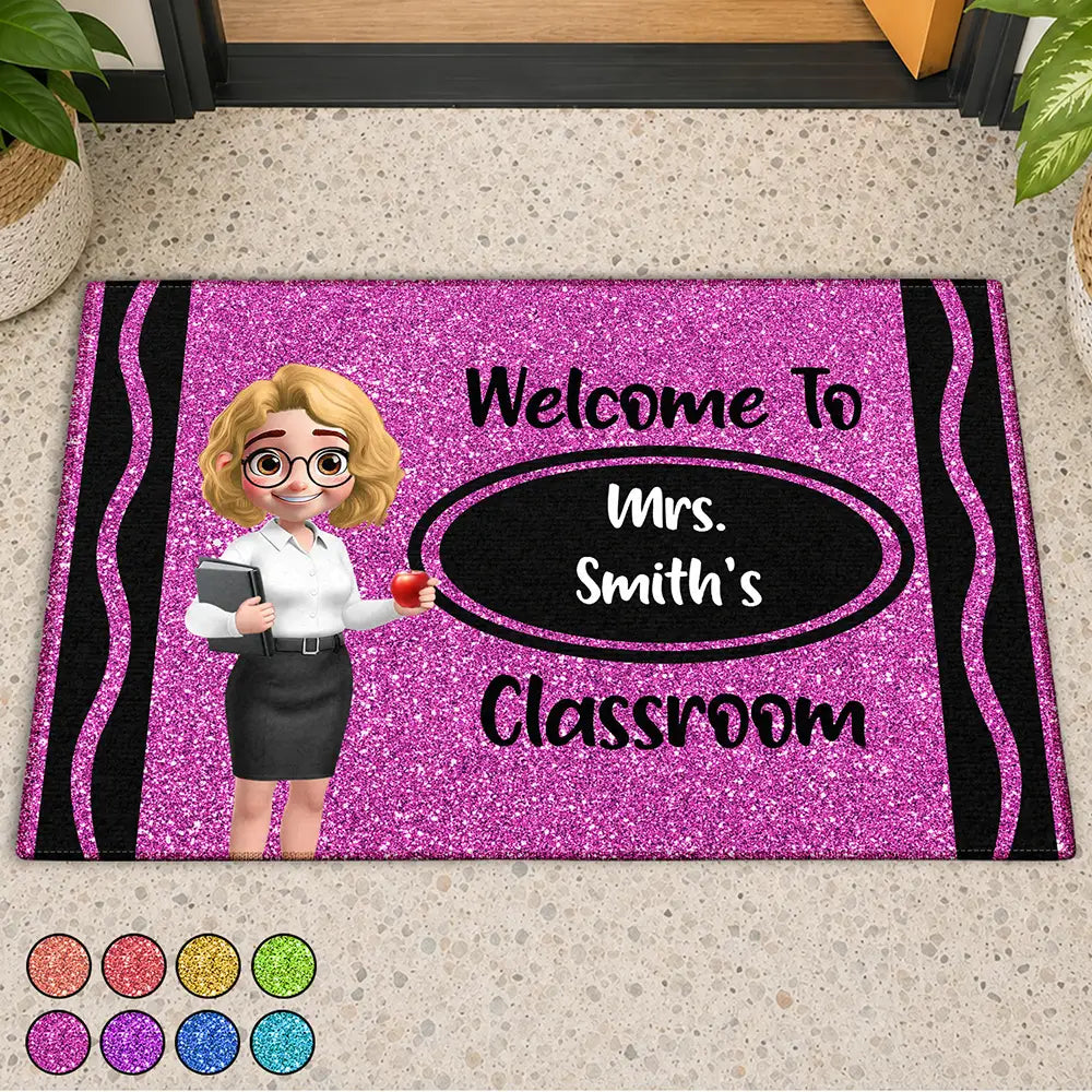 Top Market, Teacher, Inspirational, Back To School, Vector - 3D Effect Teacher Welcome To Classroom Faux Glitter Effect - Personalized Doormat