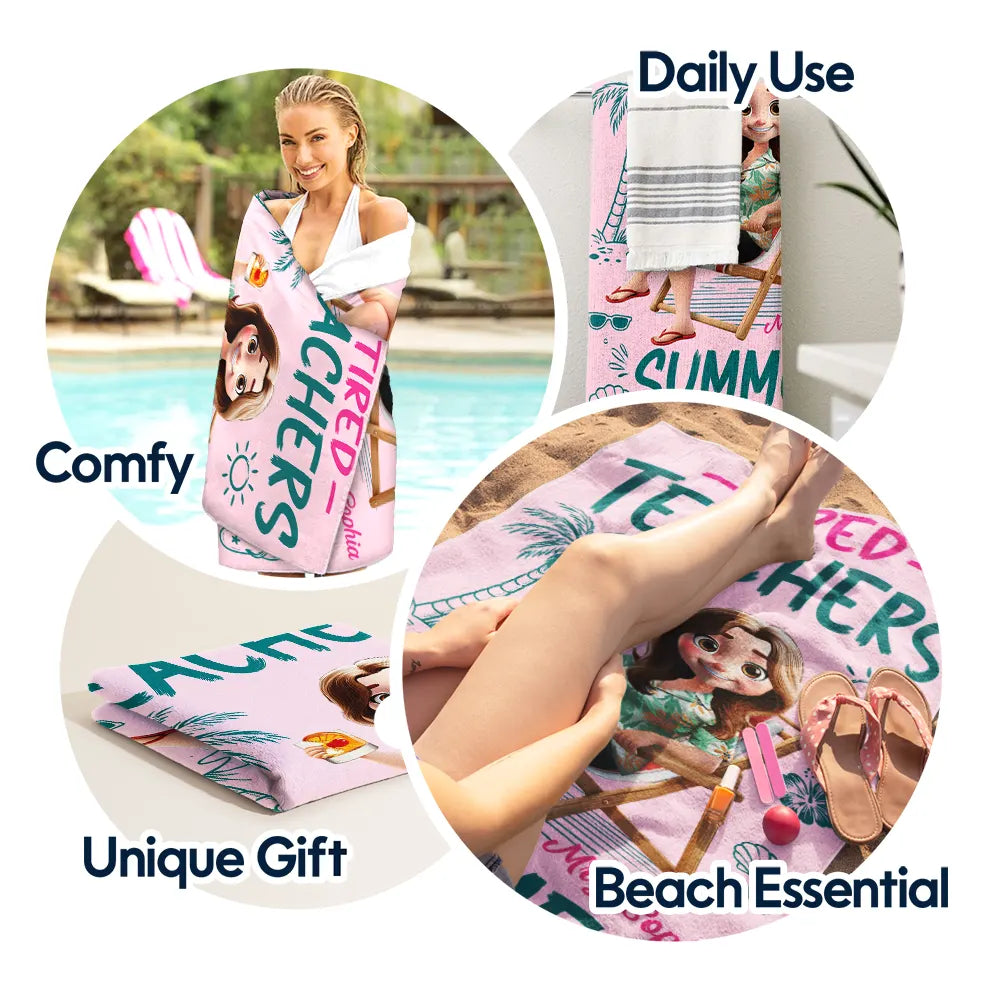 Beach,Summer,Top Market,Teacher,Humorous,Vector - 3D Effect Tired Teacher Summer Club - Personalized Beach Towel