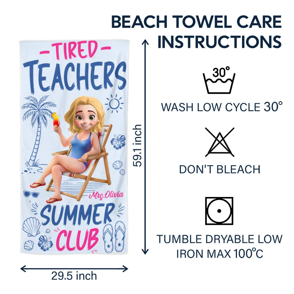 Beach,Summer,Top Market,Teacher,Humorous,Vector - 3D Effect Tired Teacher Summer Club - Personalized Beach Towel