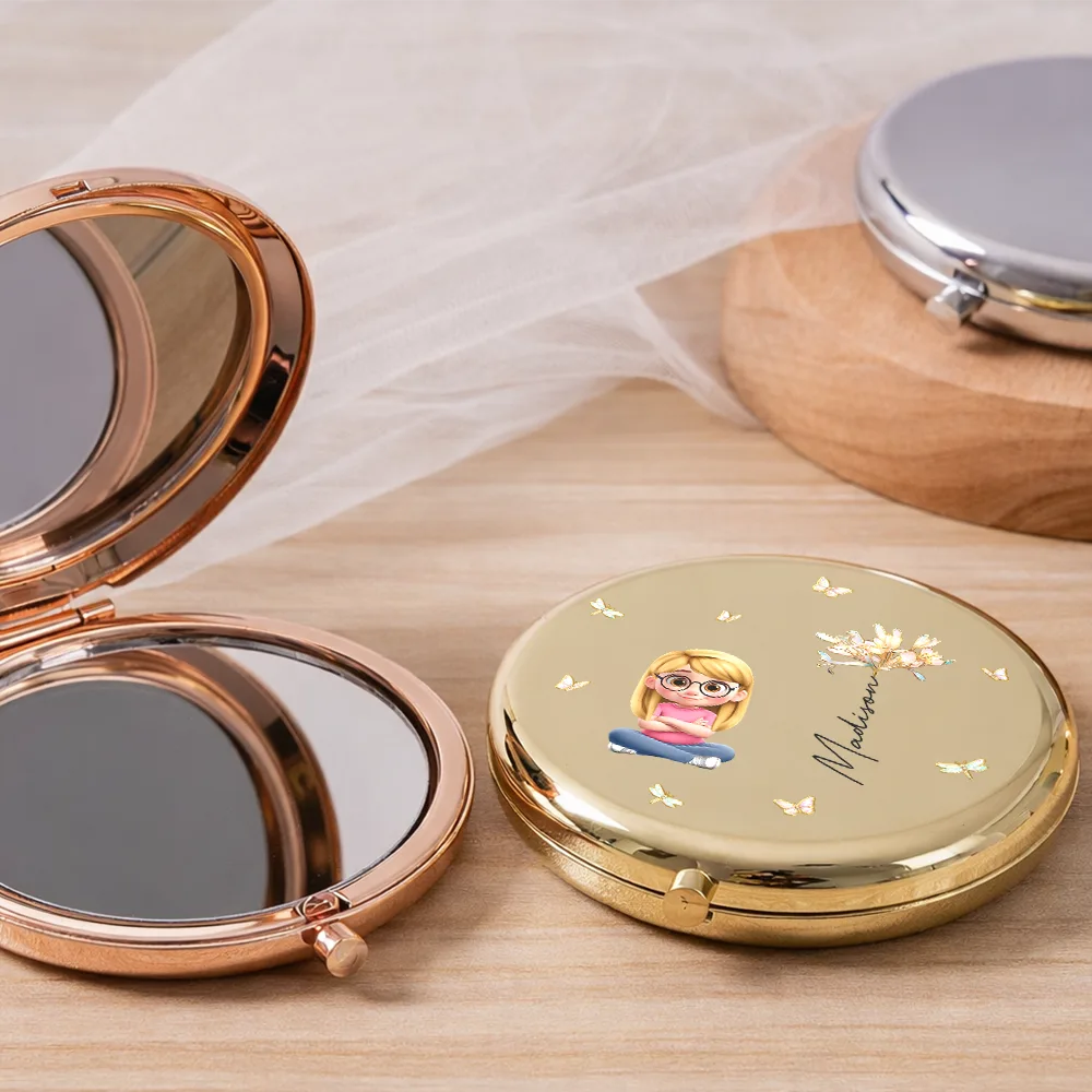 Gift For Women,Gift For Daughter,Gift For Mother,Gift For Sisters,Gift For Bestie,Happy - 3D Effect Woman Kid Girl Sitting With Birth Flowers - Personalized Compact Mirror