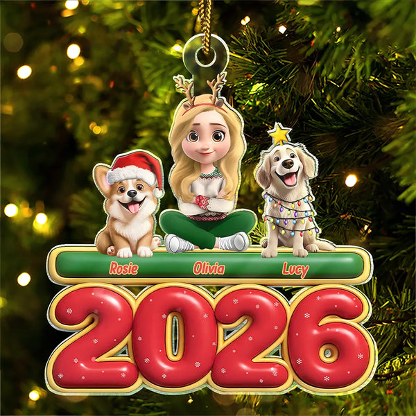 Christmas,Pet Lovers,Pet Mom,Pet Dad,Dog Lovers,Dog Mom,Dog Dad,Happy - 3D Effect Woman Man With Dogs Christmas - Personalized Custom Shaped Acrylic Ornament