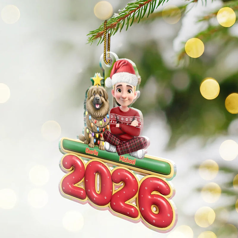 Christmas,Pet Lovers,Pet Mom,Pet Dad,Dog Lovers,Dog Mom,Dog Dad,Happy - 3D Effect Woman Man With Dogs Christmas - Personalized Custom Shaped Acrylic Ornament
