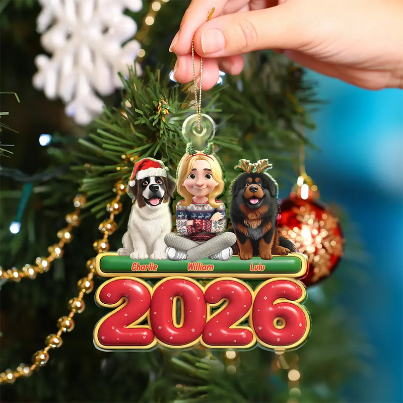 Christmas,Pet Lovers,Pet Mom,Pet Dad,Dog Lovers,Dog Mom,Dog Dad,Happy - 3D Effect Woman Man With Dogs Christmas - Personalized Custom Shaped Acrylic Ornament